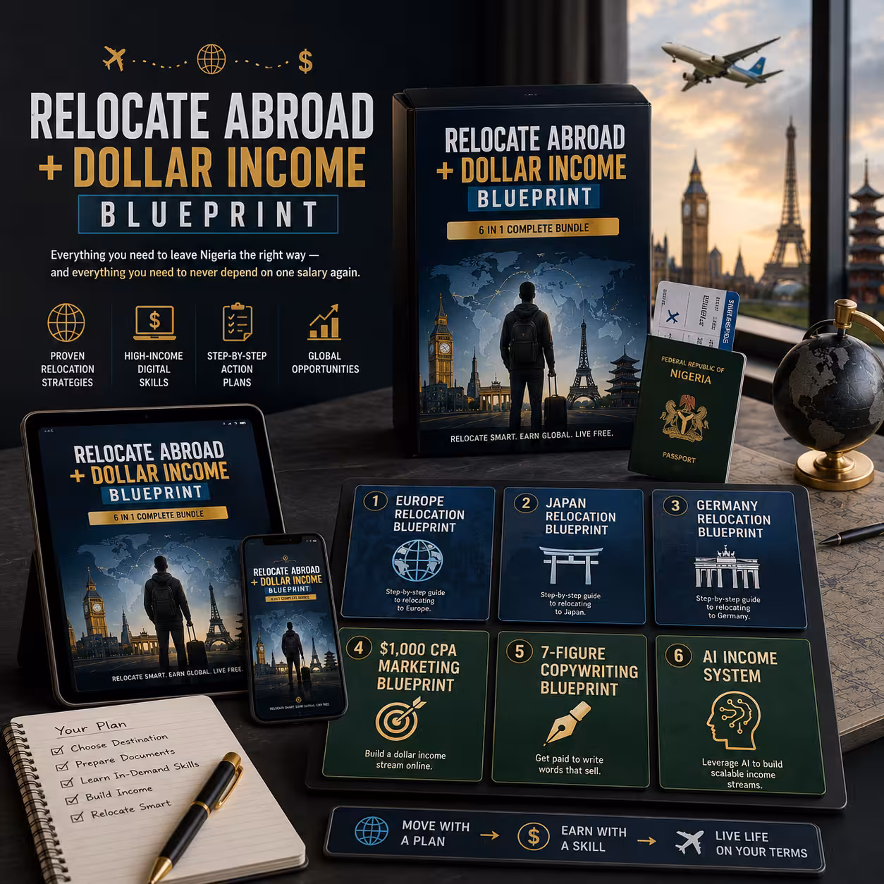 The Relocate Abroad + Dollar Income Blueprint — 6-course bundle mockup covering Europe, Germany and Japan relocation, CPA marketing, copywriting and AI cashflow
